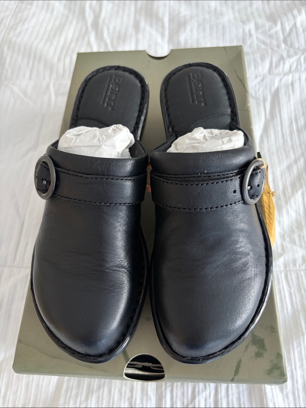 Born Black Leather Slip-On Mules with Buckle - Brand New